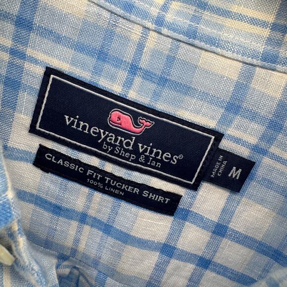 Vineyard Vines Shirt Mens Medium Blue Plaid Linen Button Down Classic Fit Tucker - Picture 2 of 7